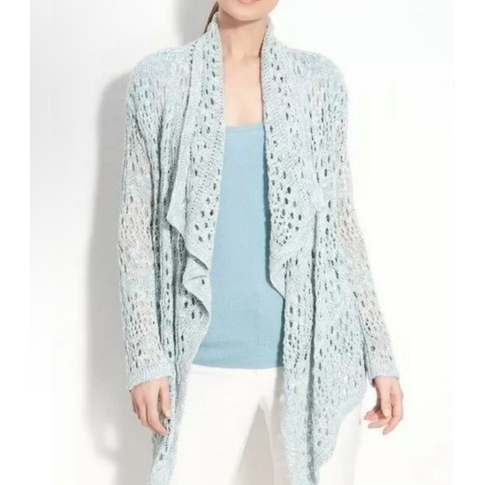 St. John knit crochet blue draped long sleeve cardigan sweater ruffle‎ large